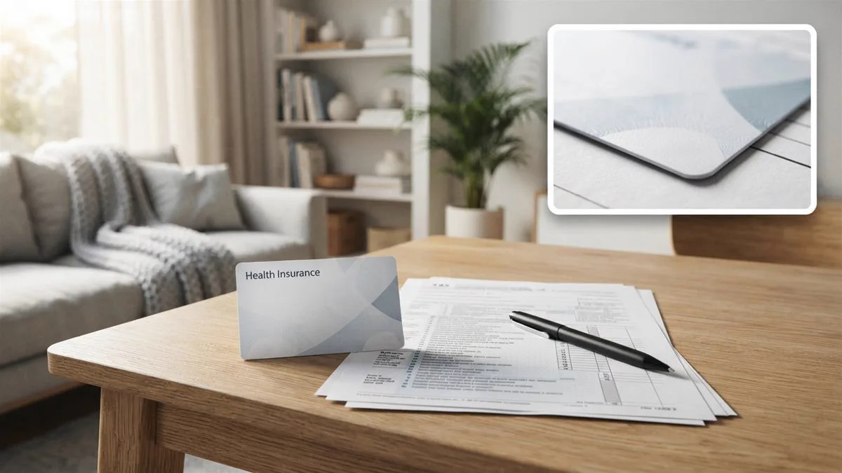 A health insurance card and a tax return laid side by side on a table